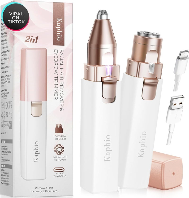 Kaphio Eyebrow Facial Hair Remover for Women: Rechargeable 2 in 1 Face Shavers and Eyebrow Trimmer - Painless Electric Hair Removal Device for Face Eyebrows Lips Peach Fuzz with Light - Image 1